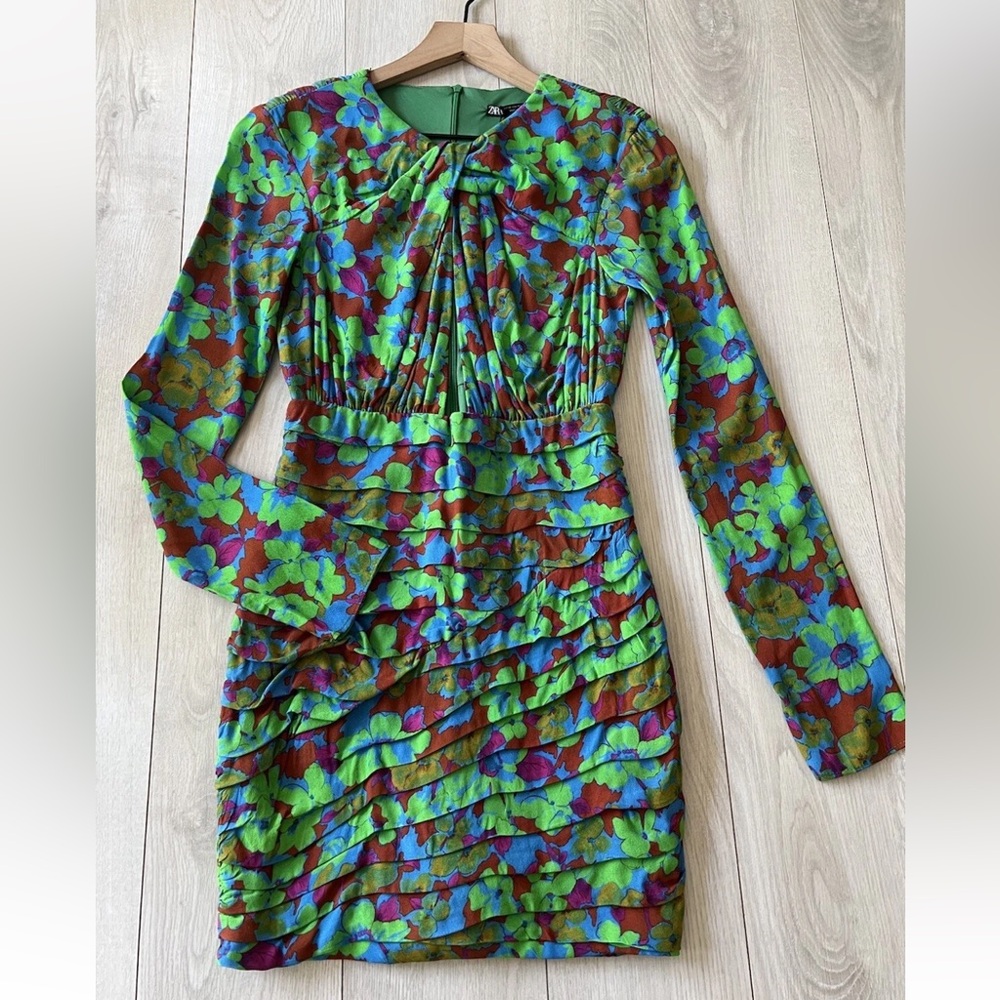 Zara Multicolor Floral Long Sleeve mini body-con Dress XS - Picture 3 of 11